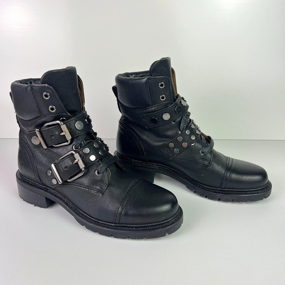 Frye Women's Samantha Stud Belted Hiker Combat Ankle Boots Black Size 7